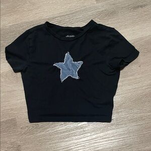 Black Cropped Tee with Distressed Corduroy Star